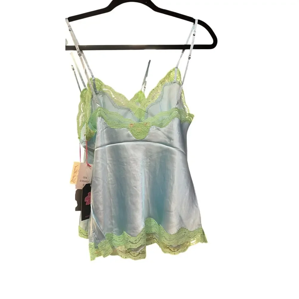 $180 Gold Hawk Blue 100% Silk Cami Green Lace Tank M - Picture 2 of 4